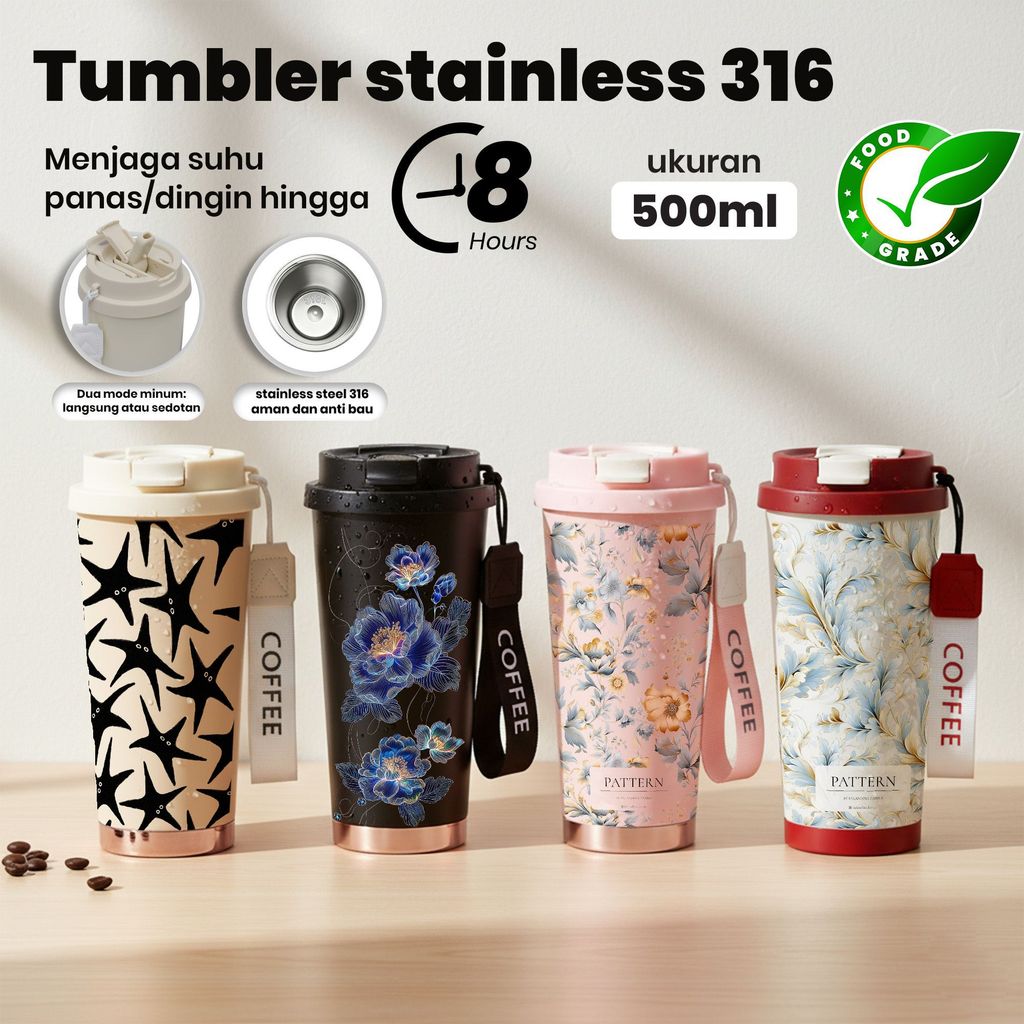 Botol Minum Tumbler Stainless 316 500ml Food Grade 8 Jam Awet Suhu Panas Dingin Dual Mode Lid Strap 