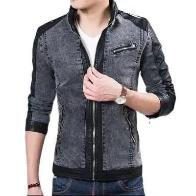 Jaket semi kulit sintetis kombinasi jeans pria Hitam Blazer Slim Fit Panjang Casual Formal Keren