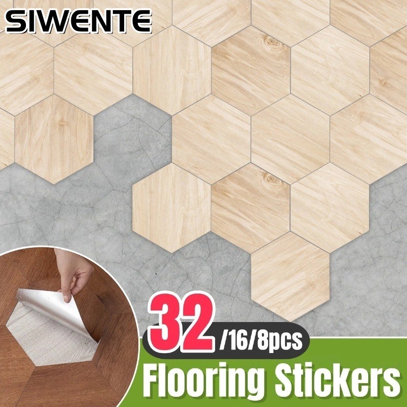 Wood Grain Texture Self-adhesive Flooring Stickers Hexagon Vinyl Floor Tiles Wall Stickers Kitchen