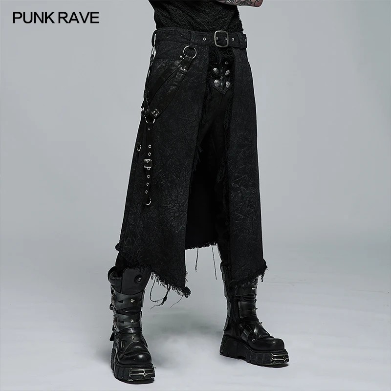 PUNK RAVE Men's Gothic Dark Textured Printed Stylish Kilt Decorated Which Is Detachable Leather Loop