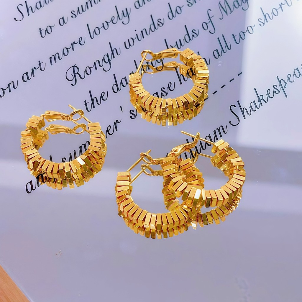 24K Gold Small Square Gold Flake Hoop Earrings Women AU999 - 24K forged/AU999, seamless design,