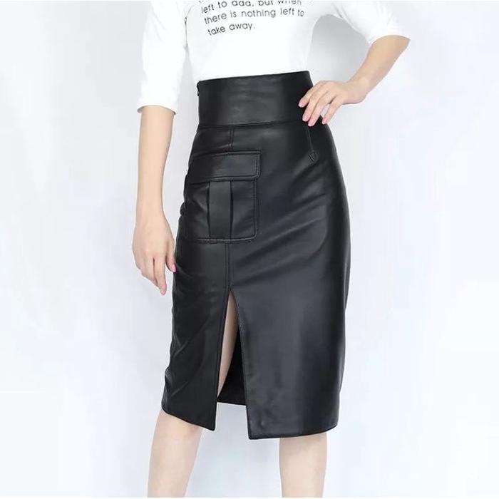 YTTX- Rok Wanita Kulit Maxi High Waist Rok Panjang Span Belahan Split Seksi Dibawah Saku