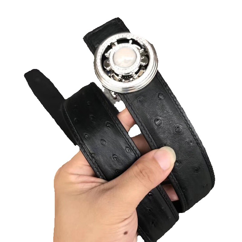Authentic Real Ostrich Skin Rotatable Artificial Stone Round Pin Buckle Men'S Waist Strap Genuine