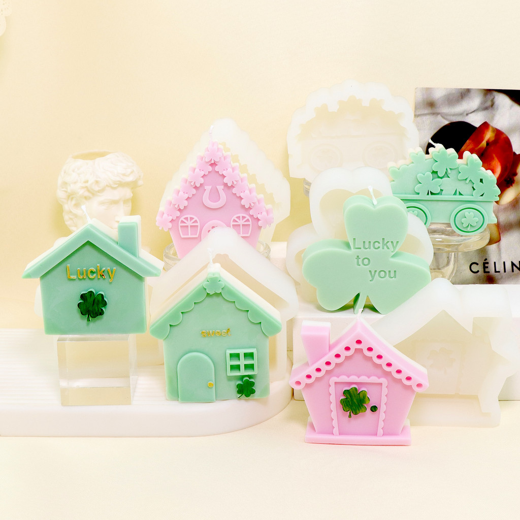 Unique Three/Four-Leaf House Silicone Candle Mold 3D Trefoil/Clover Car Mold DIY Ornament Scented