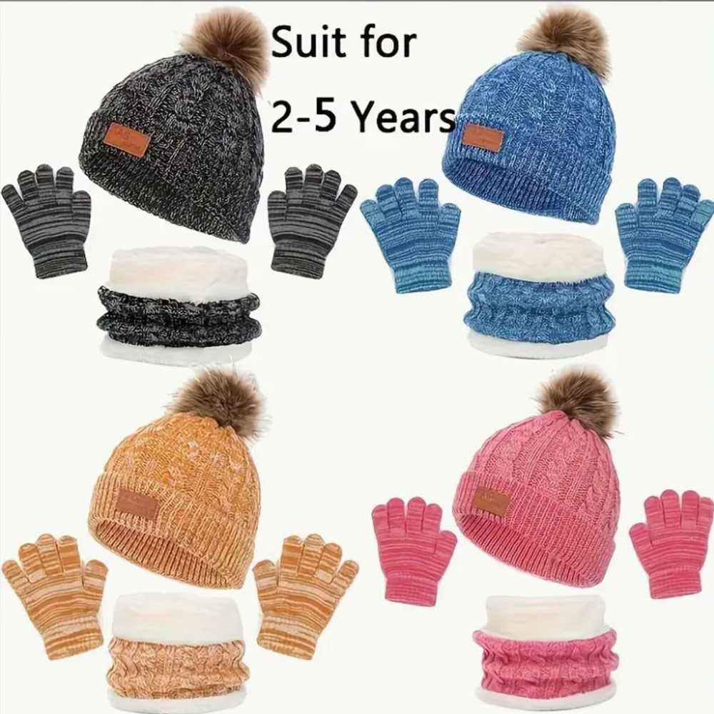 3pcs/set Winter Children's Warm Plus Velvet Scarf Baby Knitted Hat Hat Gloves For 2-8 Y Best for