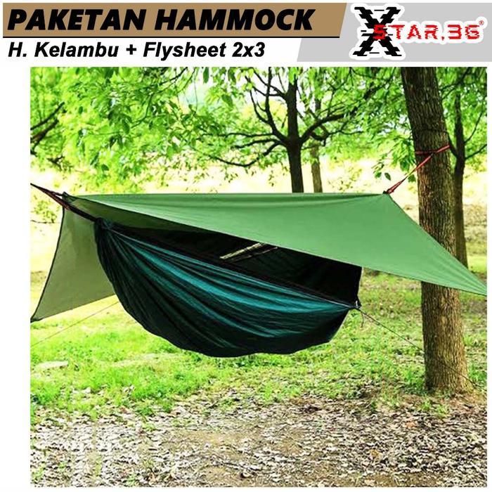 Paketan Hammock kelambu + Flysheet 2x3 yard paket hemat ayunan jaring kelambu flysheet waterproof