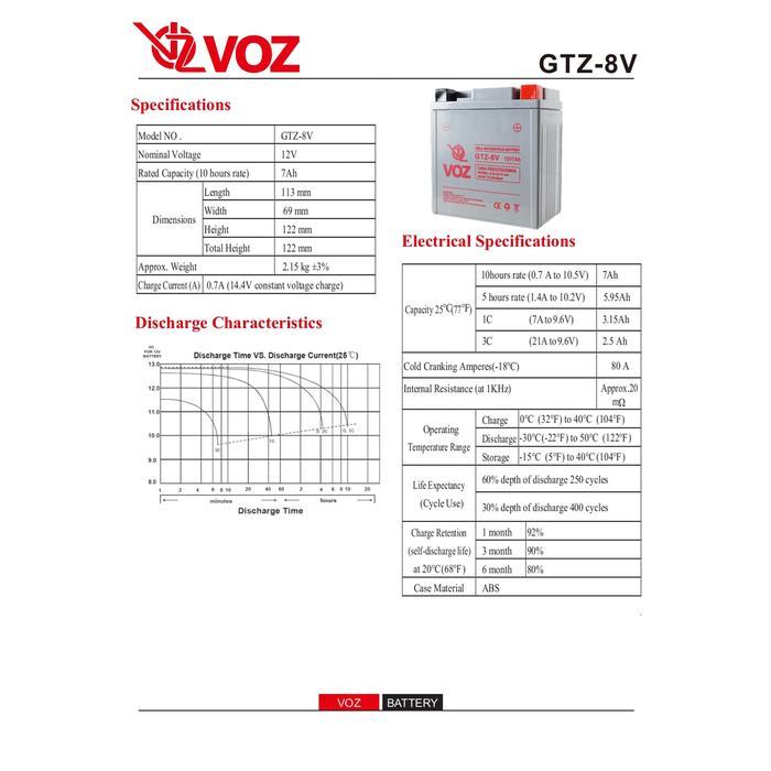 Voz Aki Motor GT8V 12V 7Ah - Baterai Aki Motor