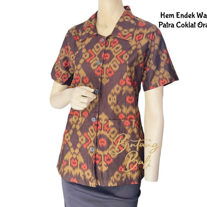 Kemeja Endek Bali Wanita Patra Coklat Orange Lengan Pendek Katun