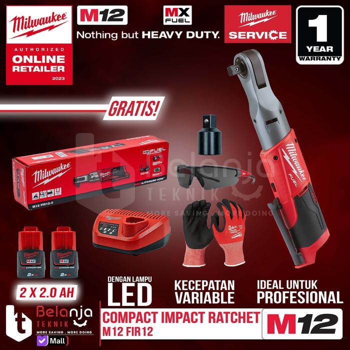 Milwaukee M12 FIR12-202 Kunci Rachet Baterai FIR 12 Cordless Compact Impact Rachet 12V 2.0AH Torsi