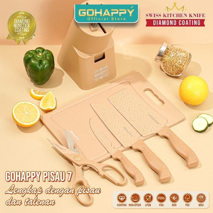 sly0- (Trendnow) Pisau Set 7 Pcs Diamond Gohappy Plus Knives Holder Wadah Pisau Motif Knife