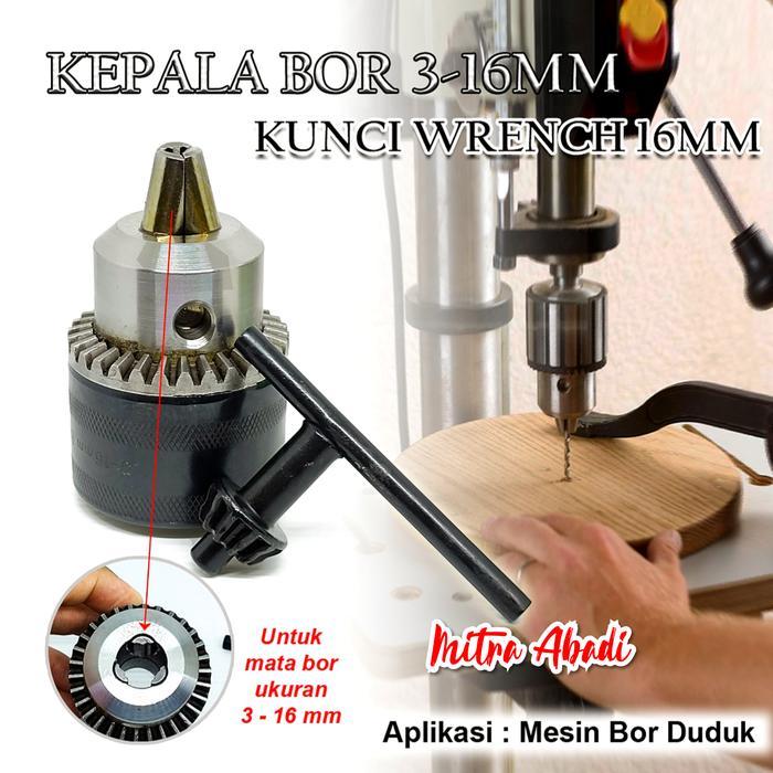 g5ro- Kepala Bor Drill Chuck 3-16Mm + Kunci Wrench 16Mm Mesin Bor Duduk