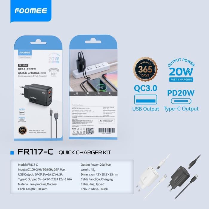Travel Charger Type C 20W Foomee Fr117-C Charger Set Type C Qc 3.0A Ori Original Asli