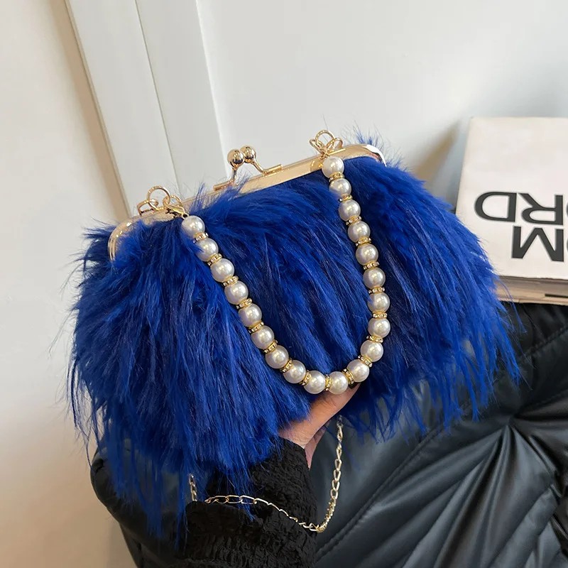 Beading Chain Women's Evening Plush Handbags Faux Fur Tassel Ladies Shoulder Bag Elegant Female