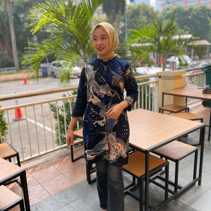 RELIGBANGET- Batik Tunik Wanita Motif Biru Dongker Abstrak Bahan Katun Kain Nyaman