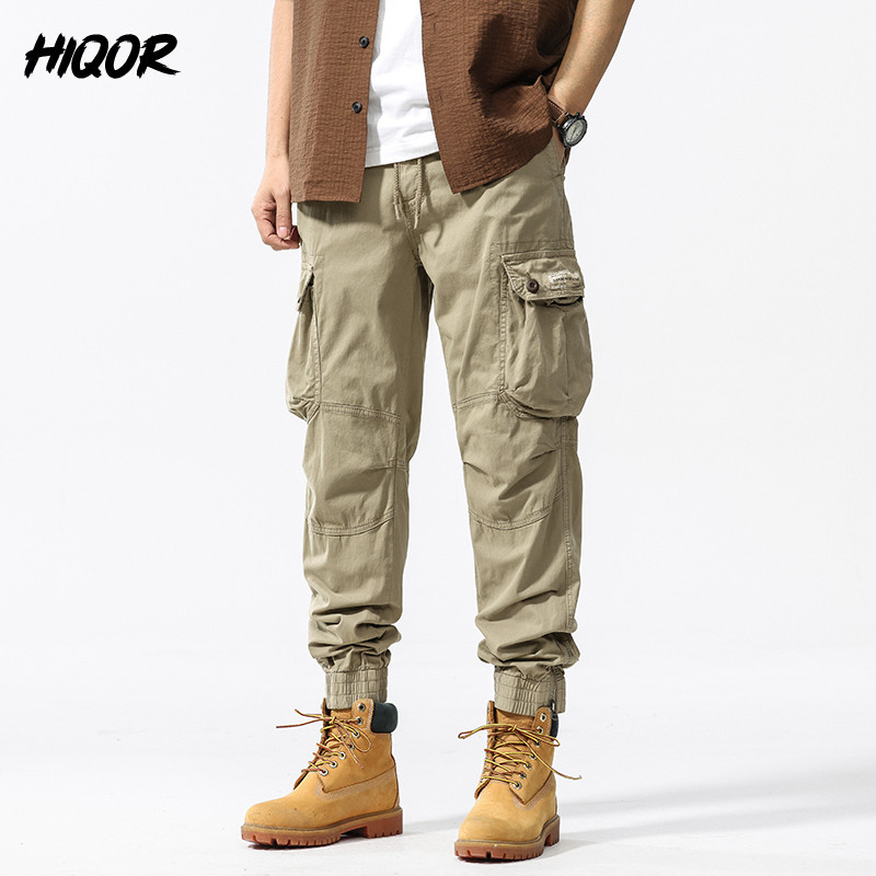 HIQOR Men's Baggy Cotton Cargo Pants Man Work Overalls Y2k Loose Trousers For Men Overszied Outdoor