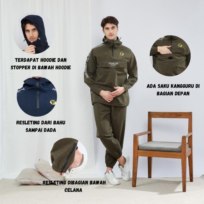 897p- Jas Hujan Fearless Anti Bocor Saku Kantung Kangguru New Fitur Setelan Pria Wanita