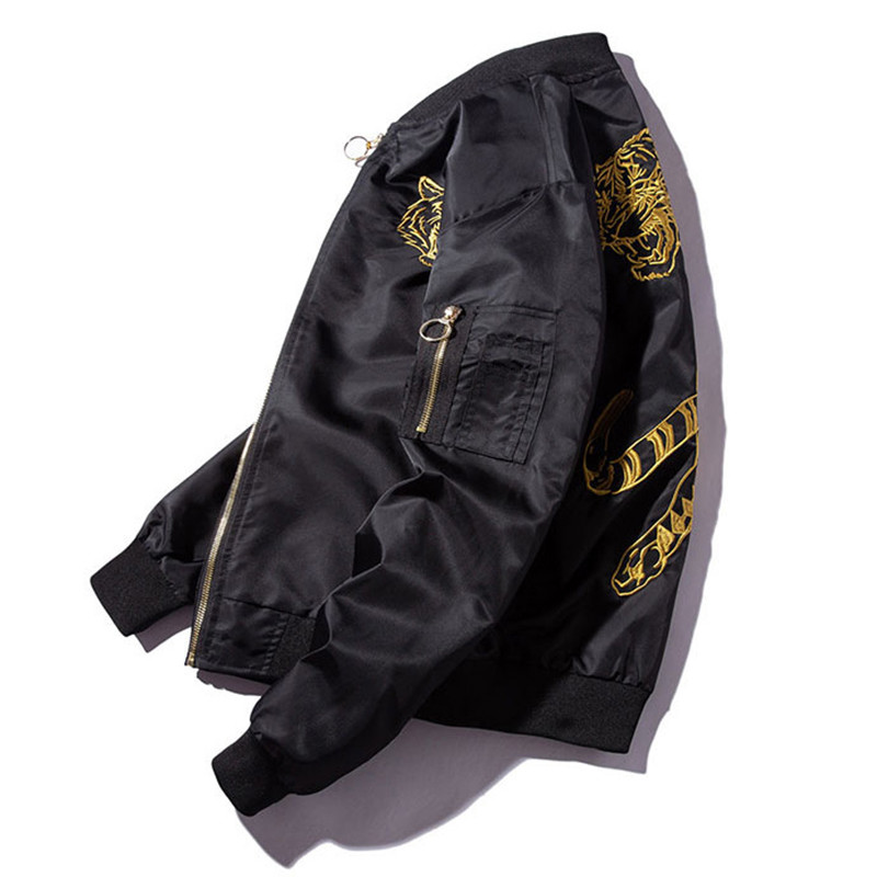 - Tiger Embroidery Men Aviator Bomber Jacket Stand Collar 2023