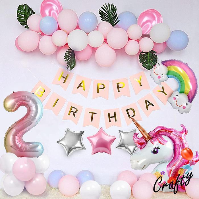 g8iv- [Paket] Dekorasi Balon Ulangtahun Pink Chain Unicorn Angka Hiasan Ultah Anak Perempuan