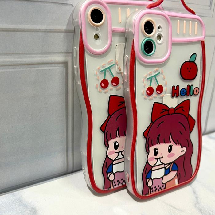 Cherry Girl FOR ( 7-14) Case 7 8 PLUS X XS XR 11 12 13 14 PRO MAX Casing Lucu Cute Botol Dot Wavy