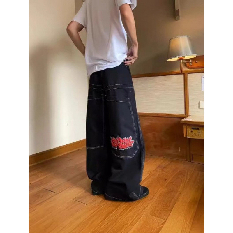 New American High Street JNCO Pattern Straight Leg Jeans Men's Hiphop Loose Fit Jeans Korean Style