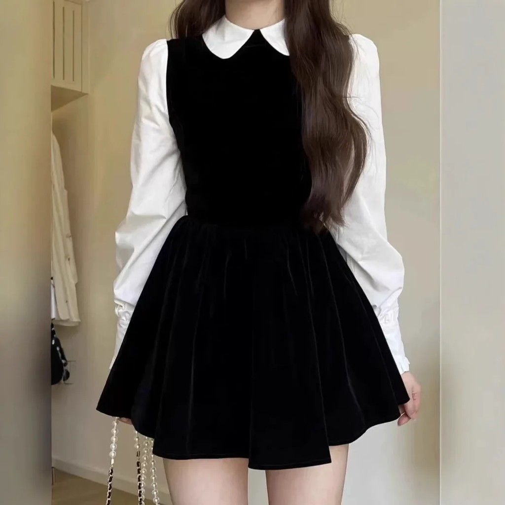 Hebe Shirt Velvet Long Sleeve Waist Cinched Dress Holiday Patchwork Black Mini Dress Spring Autumn