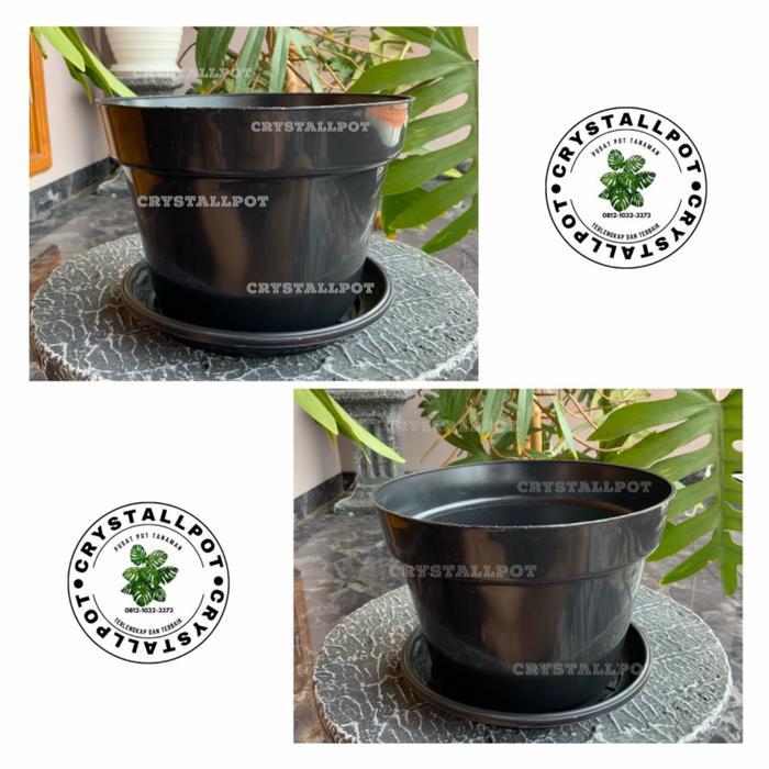 pot bunga plastik hitam 20cm +tatakan bawah