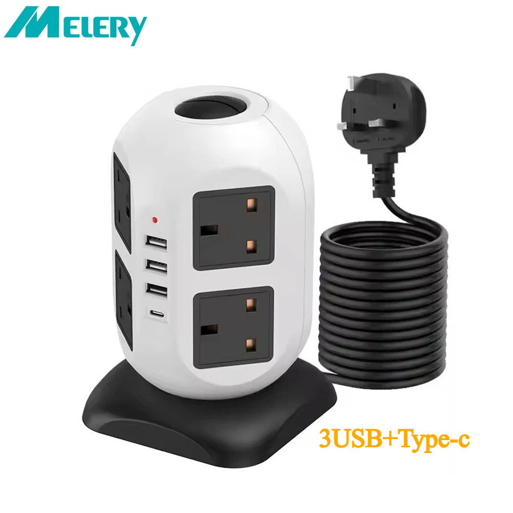 Tower Power Strip Vertical UK Plug Adapter Outlets 8 way AC Multi Electrical Sockets with USB Surge