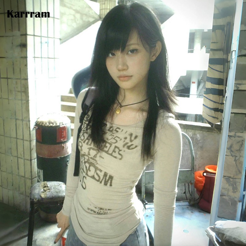 Karrram Japanese Y2k Letter Print T-shirt Trashy 2000s Style Long Sleeve Ribbed Tops Vintage
