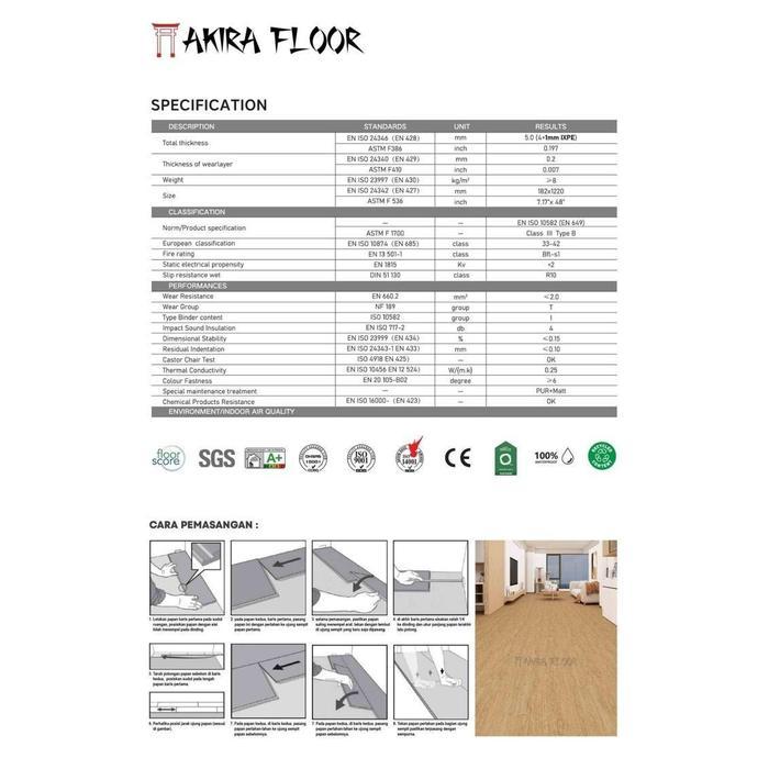 SPC FLOORING AKIRA 5MM MOTIF KAYU / LANTAI SPC AKIRA FLOOR 5MM CLIK SYSTEM + UNDERLAYER / SPC LANTAI