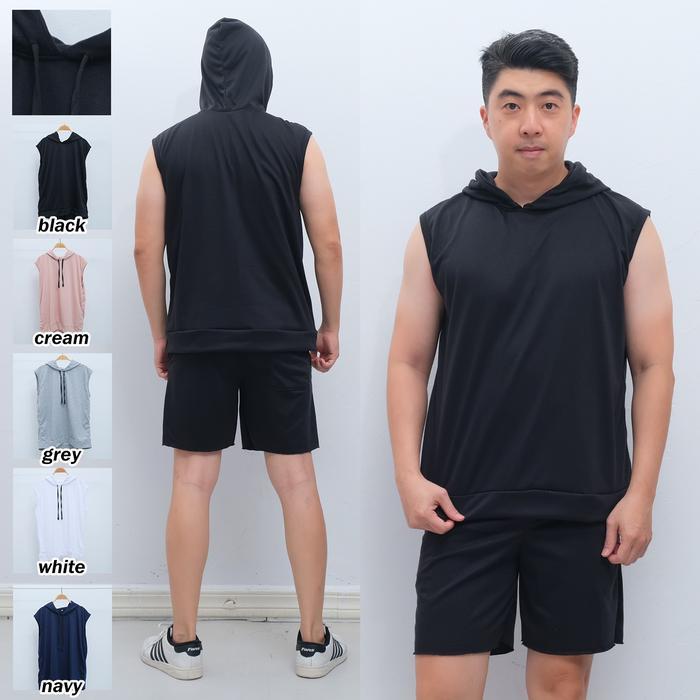DISKON OneSet Celana Pendek sama Hoodie Singlet Topi Polos Fuzie Pria Dewasa Trendy READY STOCK