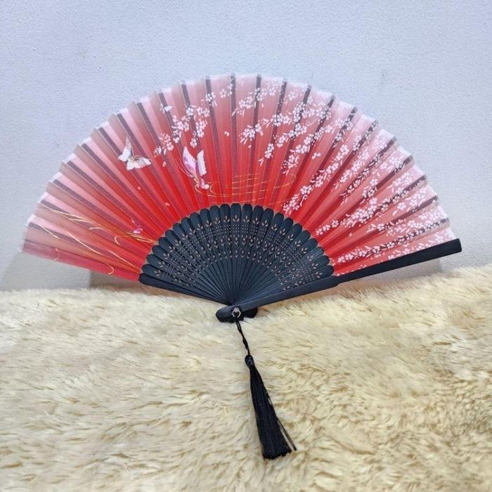 Kipas Lipat Tangan Souvenir Gaya China Jepang Tangkai Hitam