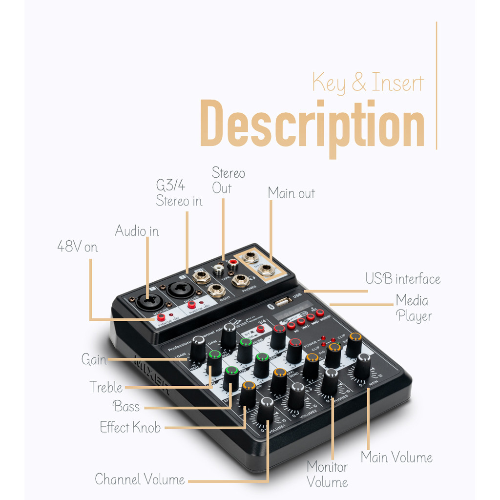 Hisingwell Professional Sound Audio Mixer 4 Channel 48V Phantom Power