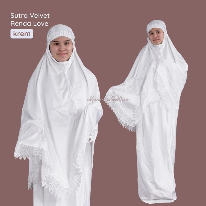 ASLI Mukena sutra velvet renda love dewasa / mukena indah / mukena murah Atasan Panjang Putih Muslim
