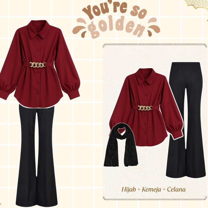Outfit Wanita Kantoran Resmi Lengan Panjang ( Kemeja Maroon Rantai + Hijab + Celana Cutbray Hitam )