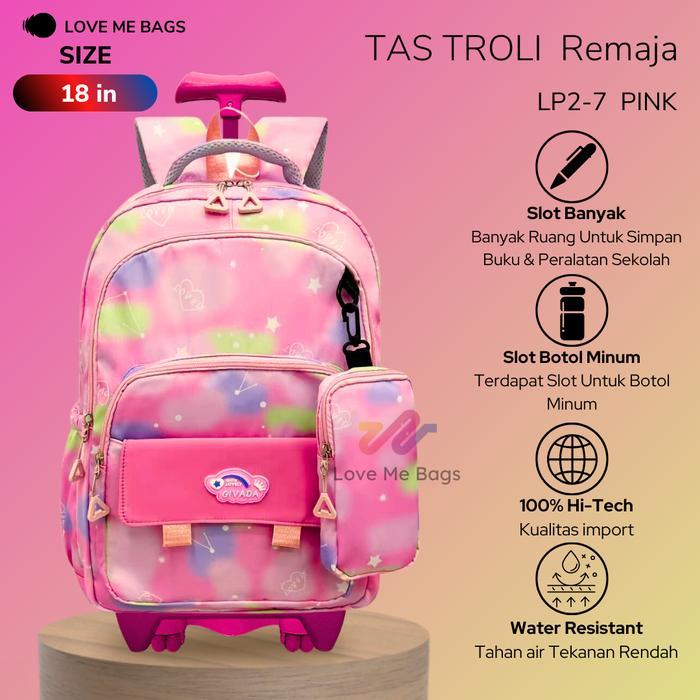 Tas Troli Sekolah Anak Perempuan Remaja Rainbow Lmb Bahan Nilon Tebal