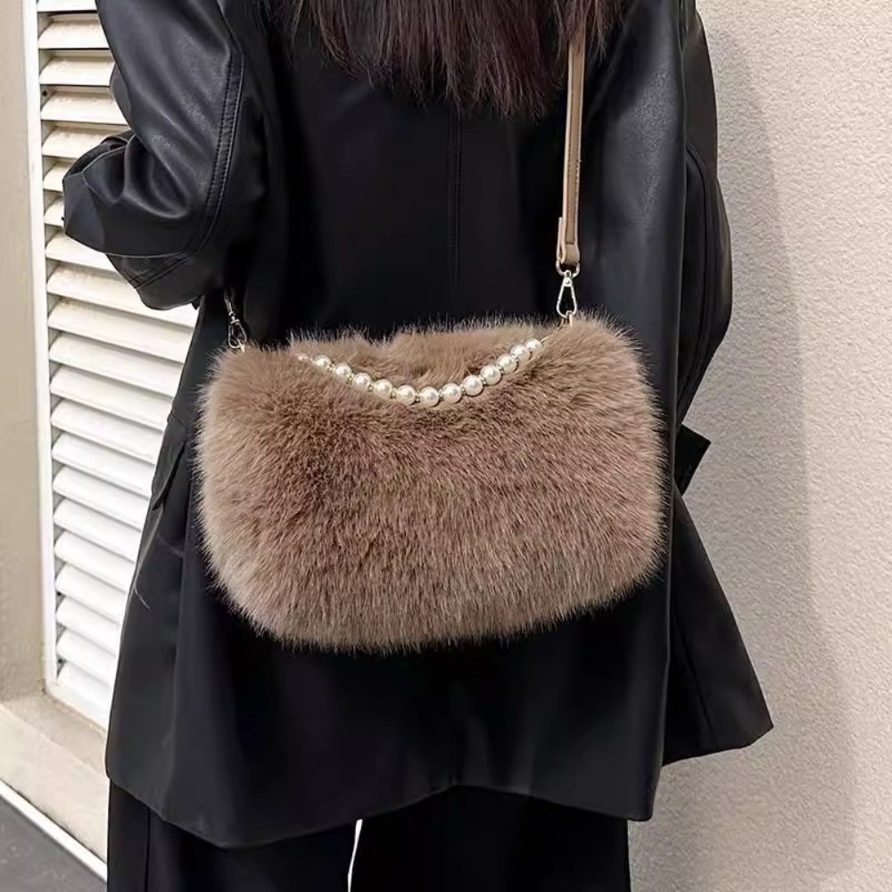 Luxury Faux Fur Shoulder Bag Fluffy Soft Handbag Zipper Solid Color Crossbody Bag Women's Handbags