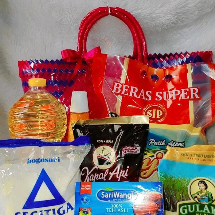 5 Pcs Tas Anyaman Plastik Kaca Glosy Sedang Untuk Hampers Tahlilan Keranjang Belanja Original