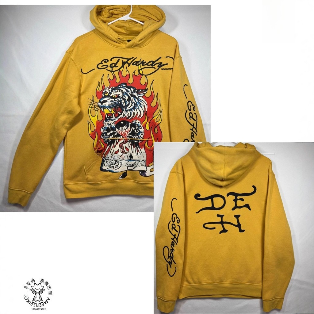 Ed Hardy Men'S Large Black Hoodie Pullover Sweatshirt Skull Grung Digital Printing Long Sleeve