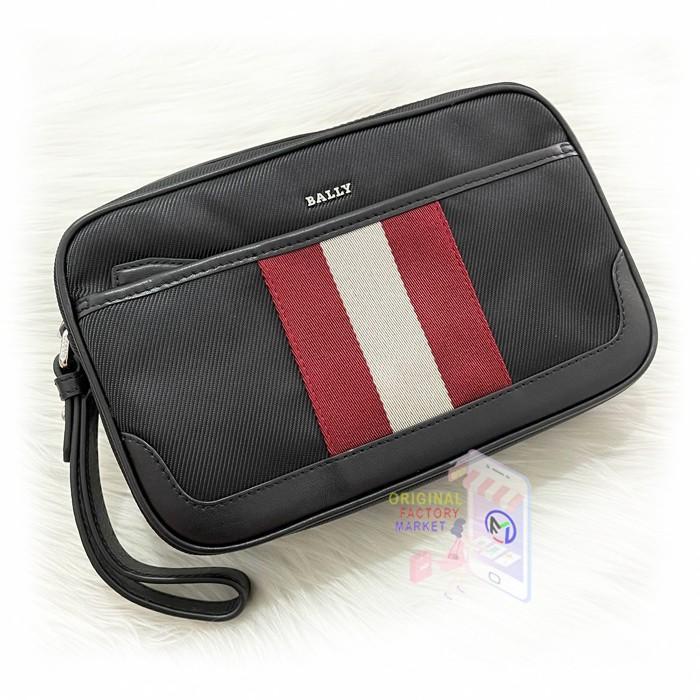 JUAL Ready Tas BALLY Men Caliros Pouch Black Stripe Original Clutch