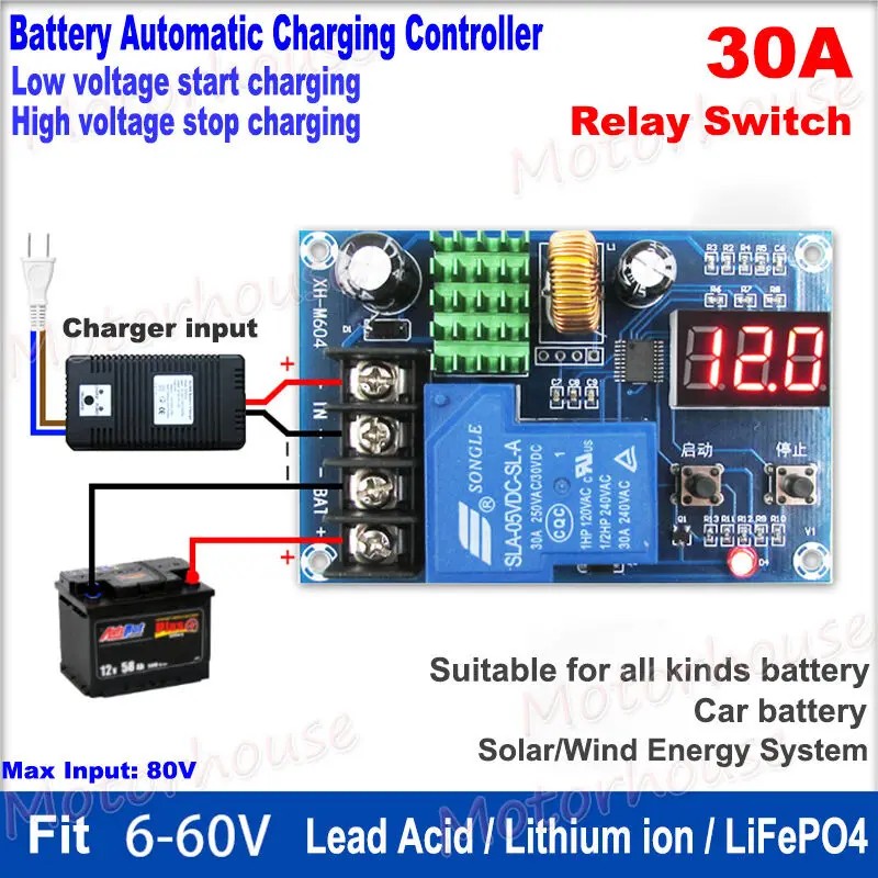 30A 6V-60V 12V 24V Battery Automatic Charging Controller Ule Switch Lead Acid Lithium Ion Lifepo4