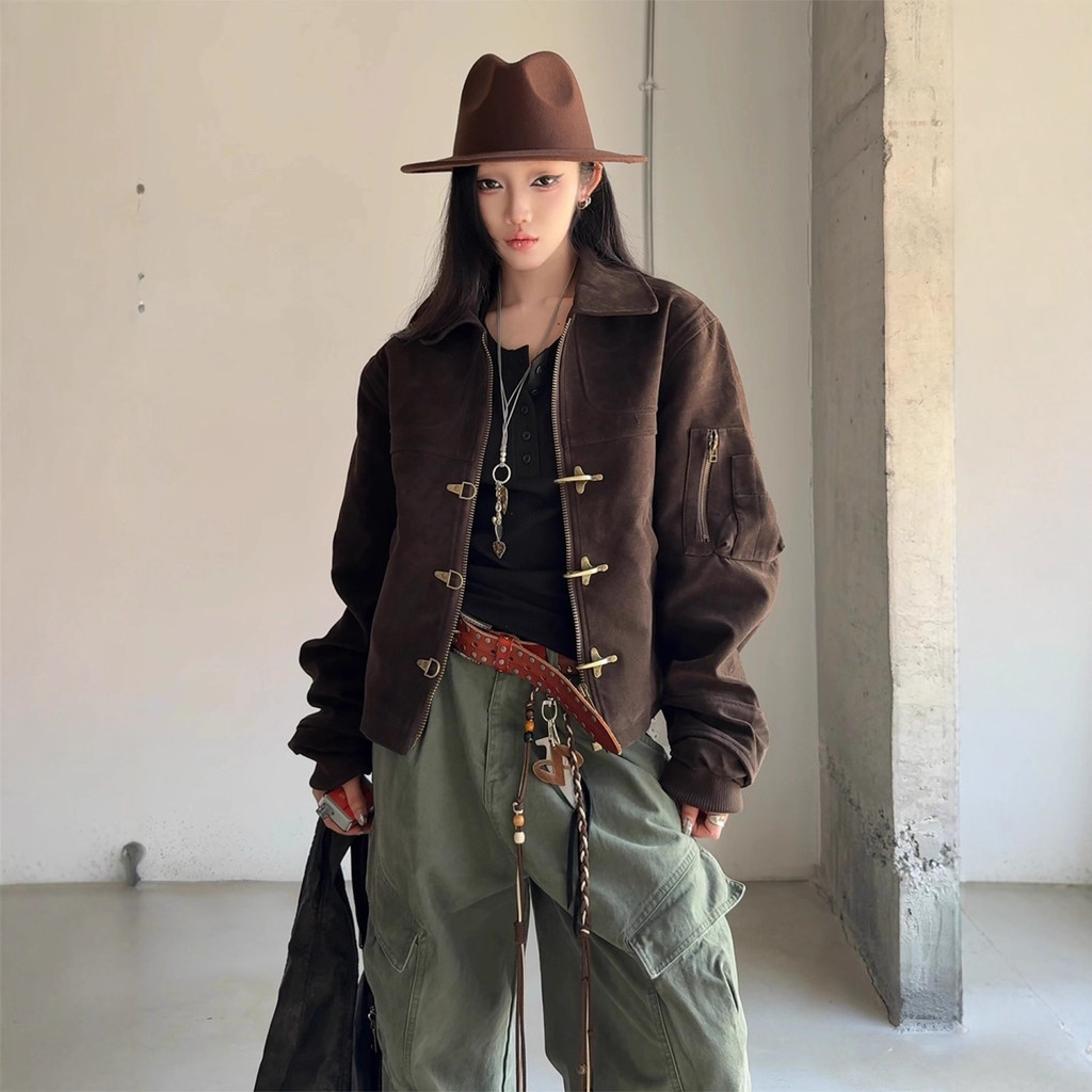 Retro American Deconstructed Aircraft Buckle Short Jacket Men's Women's High-End Design Sensation