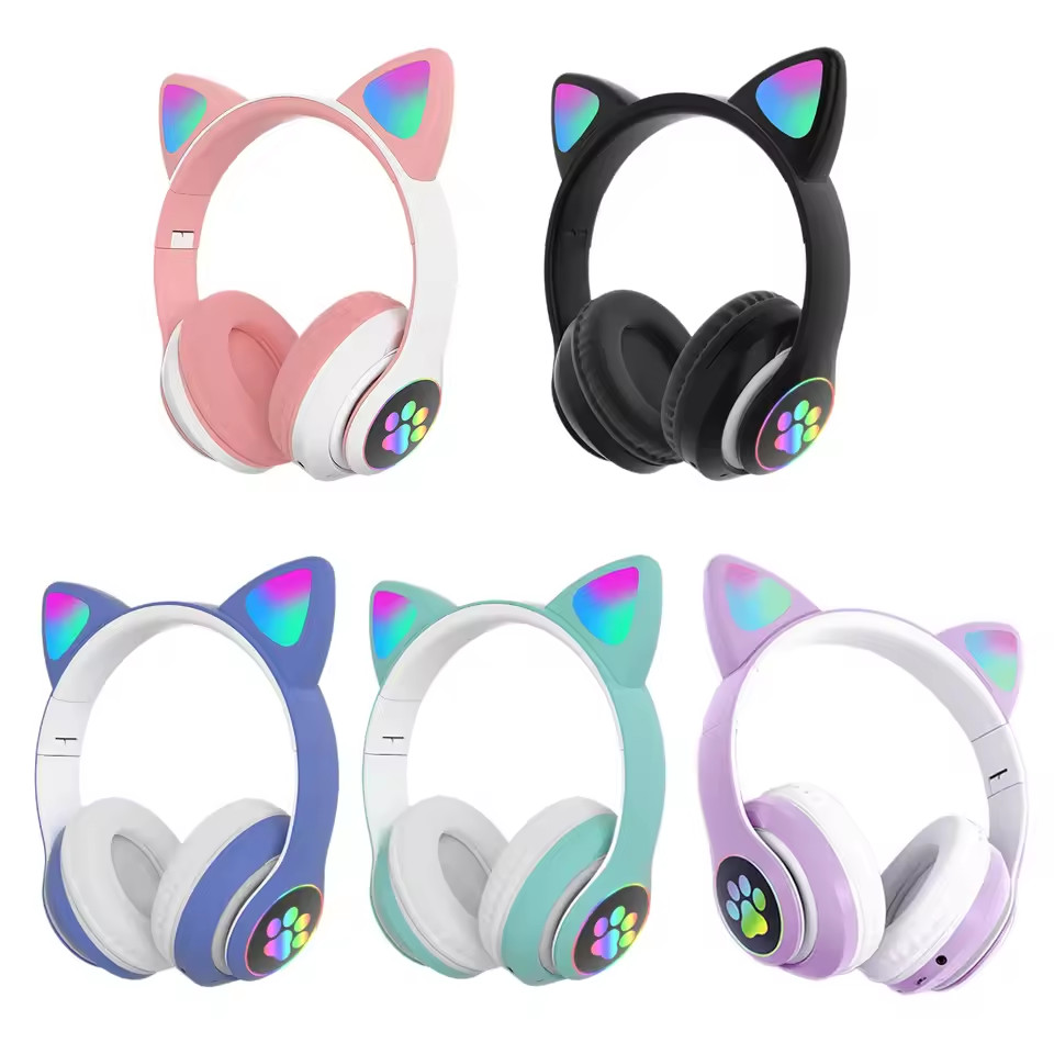 JUAL Flash Light Cute Cat Ears Wireless Headphone with Mic RGB LED Kid Girl Stereo Music Helmet Phon