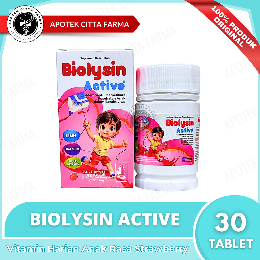 Biolysin Active Strawberry 30 Tablet Kunyah - Tablet Multivitamin Anak