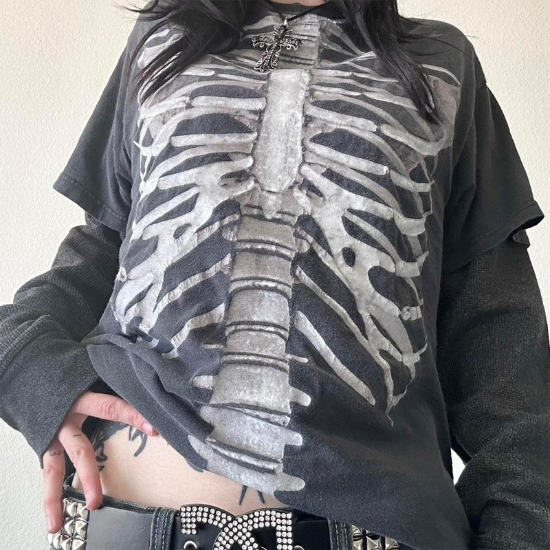 2000S E-Girl Gothic Skull Cute To Y2K Grunge Cyber Layered Sleeve T-Shirt 90S Vintage Mall Goth