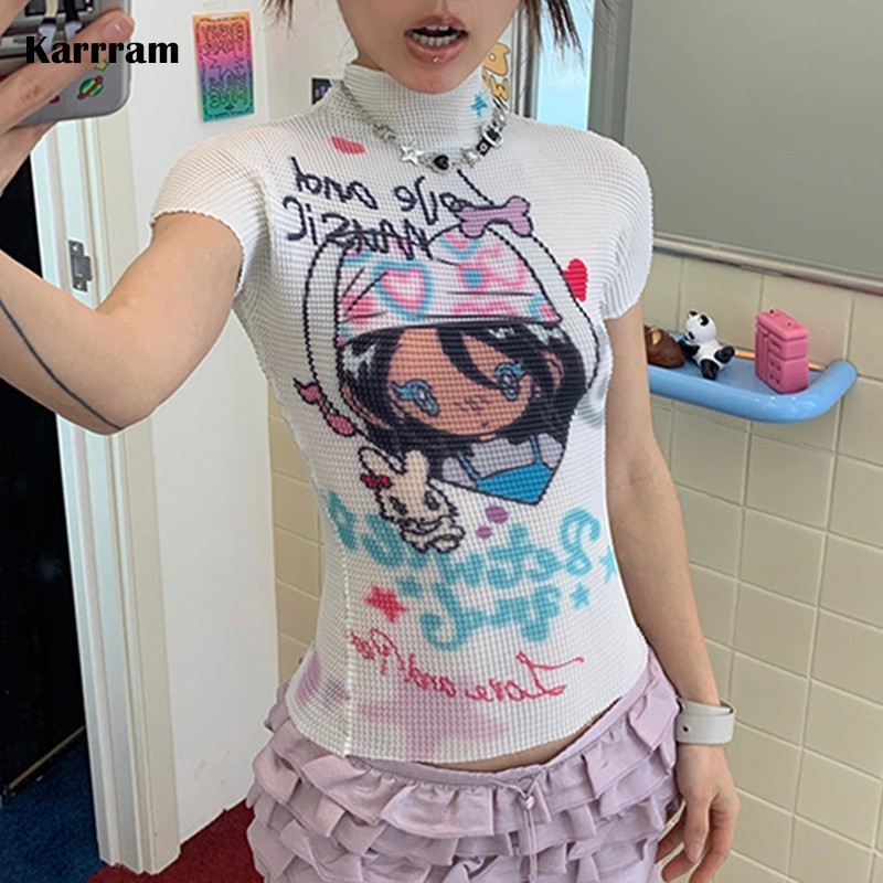 Karrram Japanese Y2K Anime Print T-Shirt 2000S Aesthetics Crop Top Vintage Harajuku Cutecore Sleeve