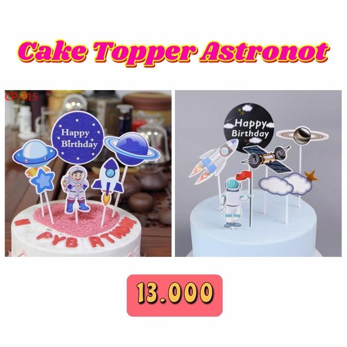 :::::::] cake topper happy birthday karakter astronot / rocket planet isi 6 set