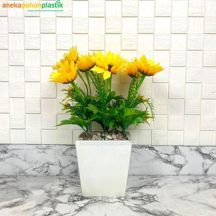 Bunga Matahari Kuning Artificial Pot Kayu Kotak Putih Sedang Tanaman Hias Plastik Pajangan Pohon