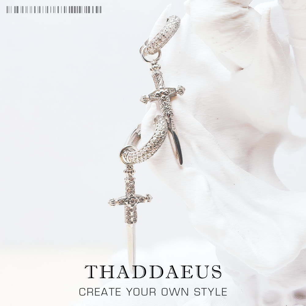 White Zircon Pave Sword Cross Creole Hinged Hoop Earrings Fine Jewelry For Women Men Vintage Gift In