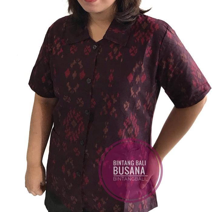 Kemeja Endek Bali Wanita Atasan Kerja Kantor Warna Marun Lengan Pendek Motif Bintang Marun