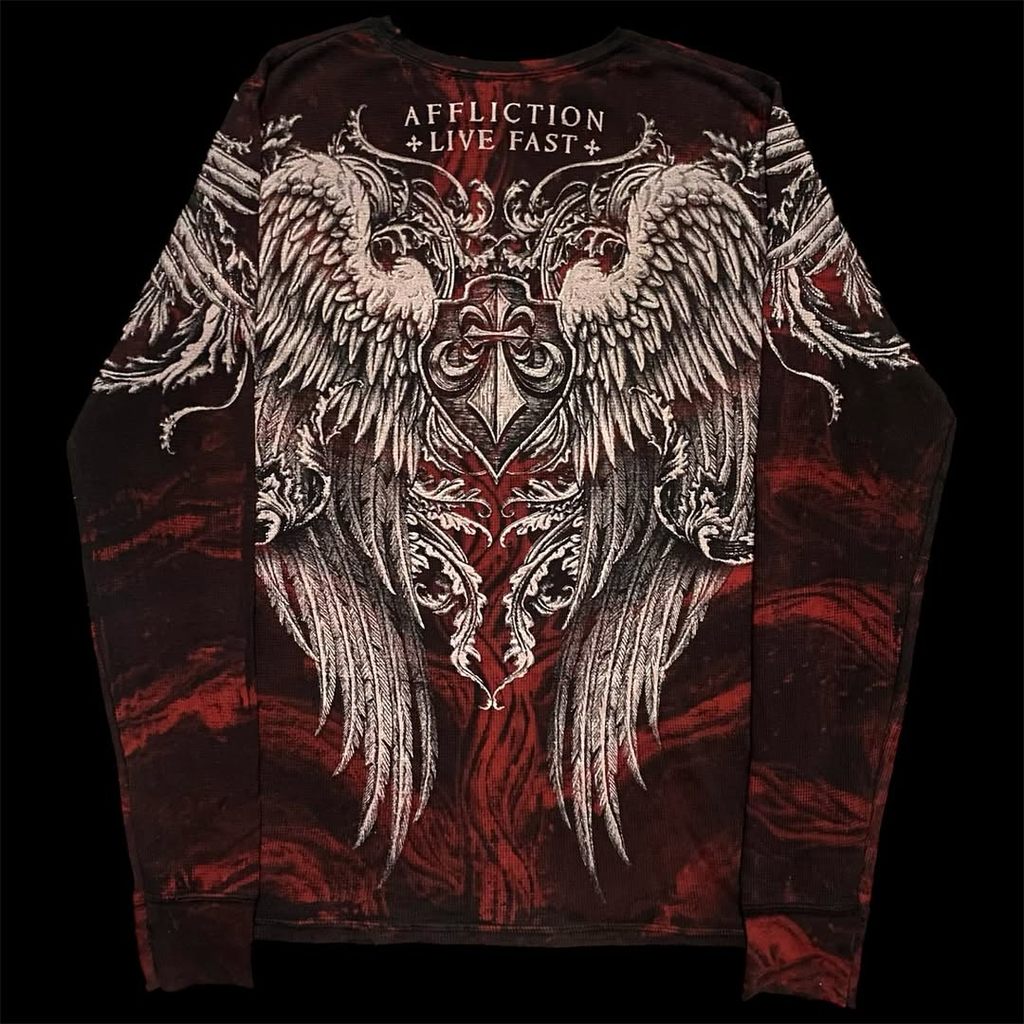 Affliction Red Long sleeved T shirt Hip Hop Round Neck Oversized shirt Men Casual Gothic Skull Holy